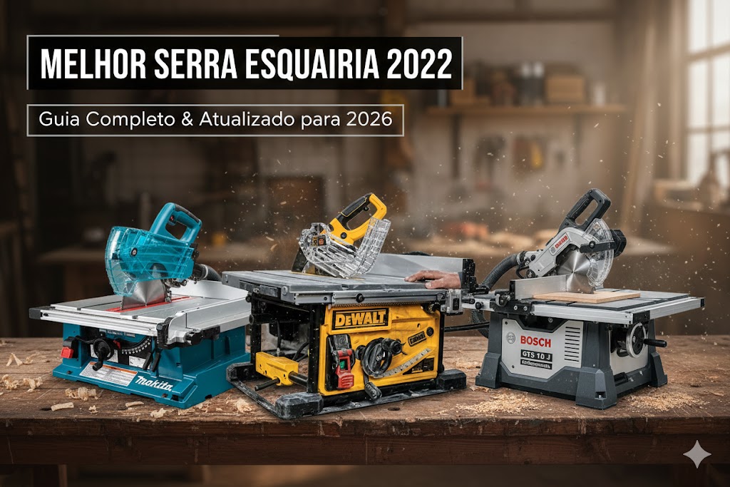 Comparativo da melhor serra esquadria 2022 com modelos profissionais da DeWalt e Makita em oficina.