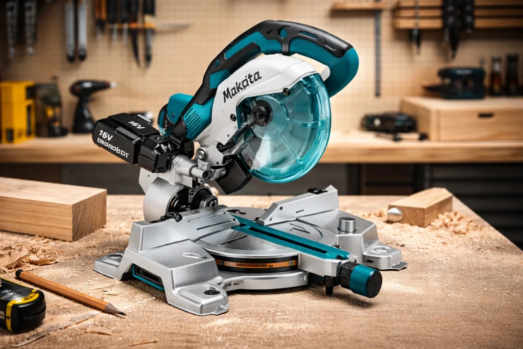 Serra esquadria 18v profissional Makita em bancada de marcenaria