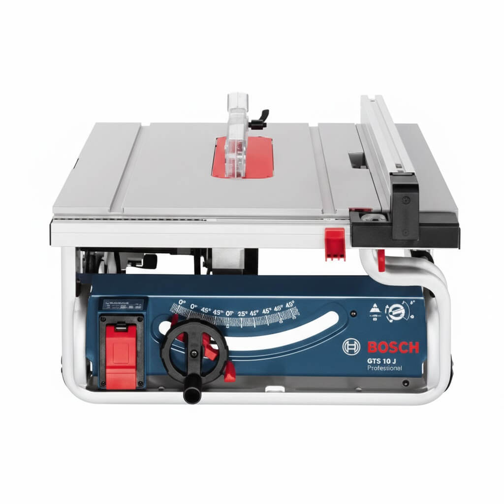 Close do painel frontal da Bosch GTS 10 J mostrando ajuste de inclinação e altura.