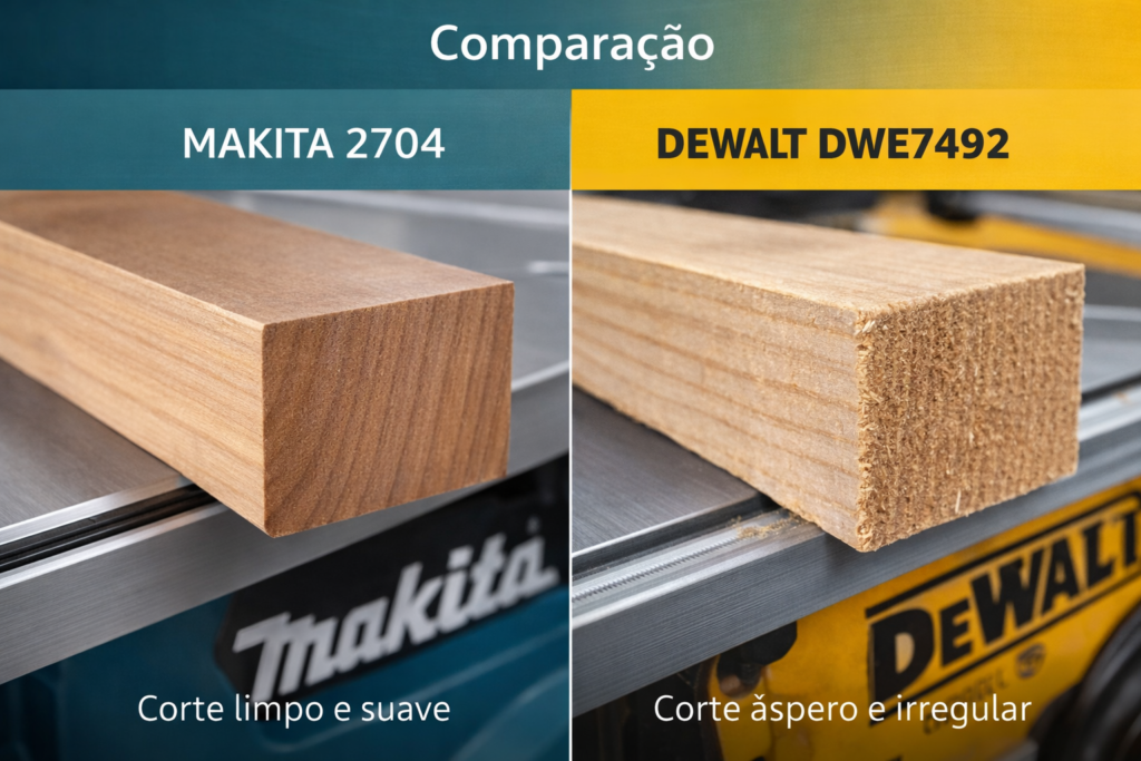Comparação de qualidade de corte entre Makita 2704 (corte limpo e suave) e DeWalt DWE7492 (corte áspero e irregular).