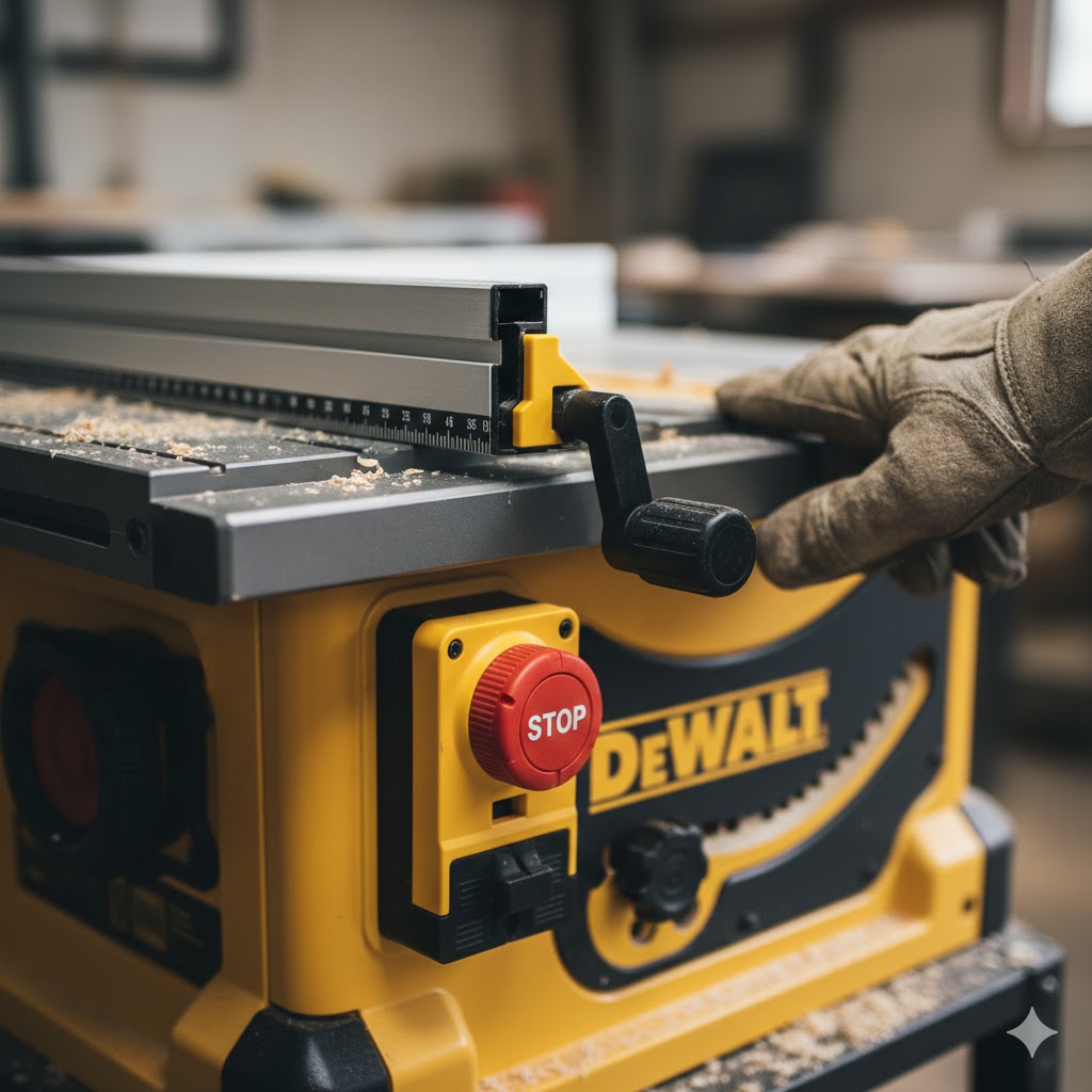 Detalhe do botão de emergência e sistema de corte da serra de bancada DeWalt DWE7492