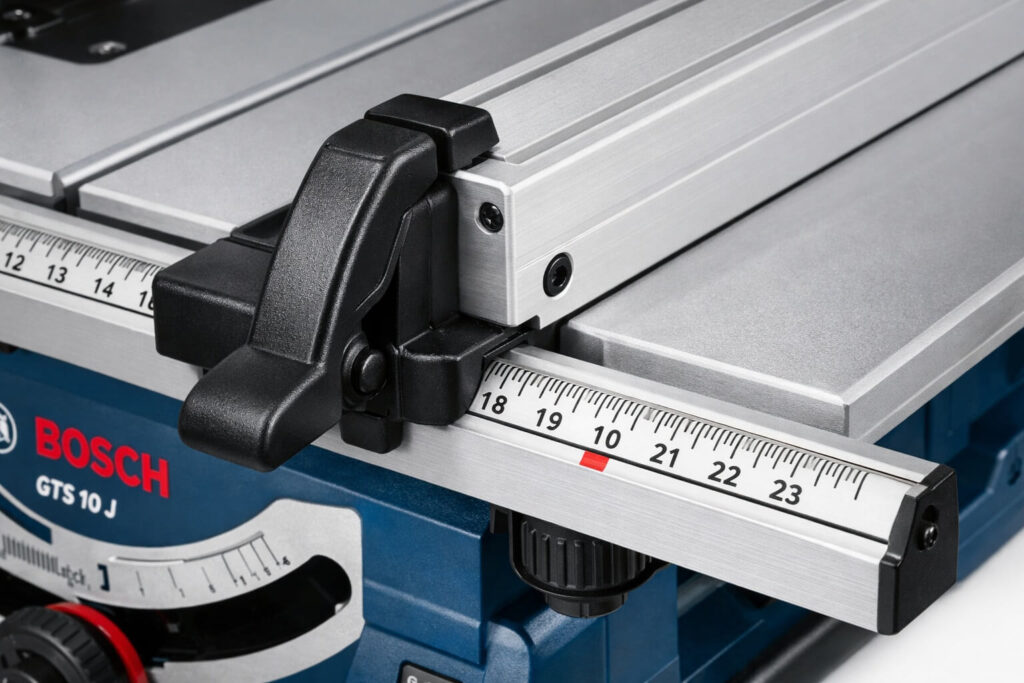 Detalhe da guia lateral SquareLock da Bosch travada na mesa de alumínio.