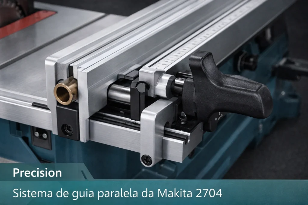 Detalhe do sistema de guia paralela da Makita 2704 com buchas de bronze e barras duplas retificadas.