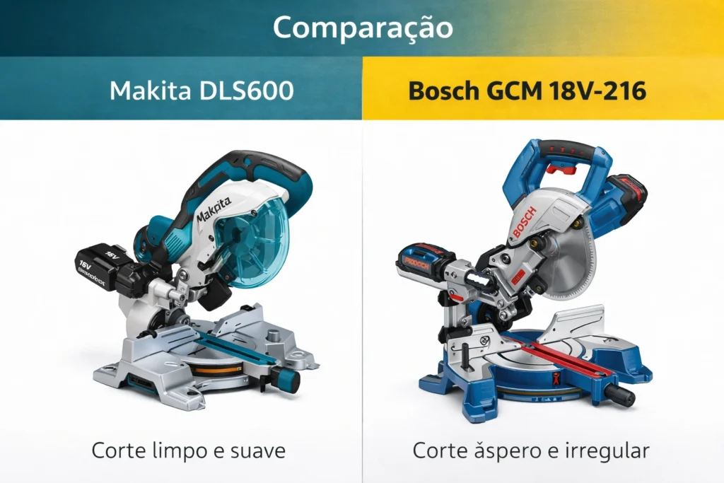 Comparativo de corte entre serra esquadria 18v makita DLS600 e serra esquadria 18v bosch GCM 18V-216 profissional