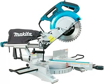 Vista lateral da LS1018L, a melhor serra esquadria Makita para produção profissional com braço telescópico e alta precisão.