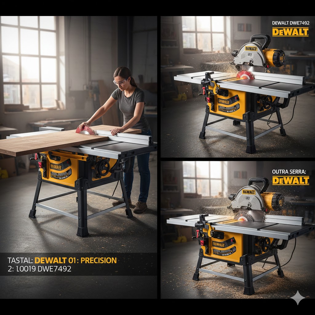 Marceneira operando com precisão a serra de bancada DeWalt DWE7492 em oficina profissional