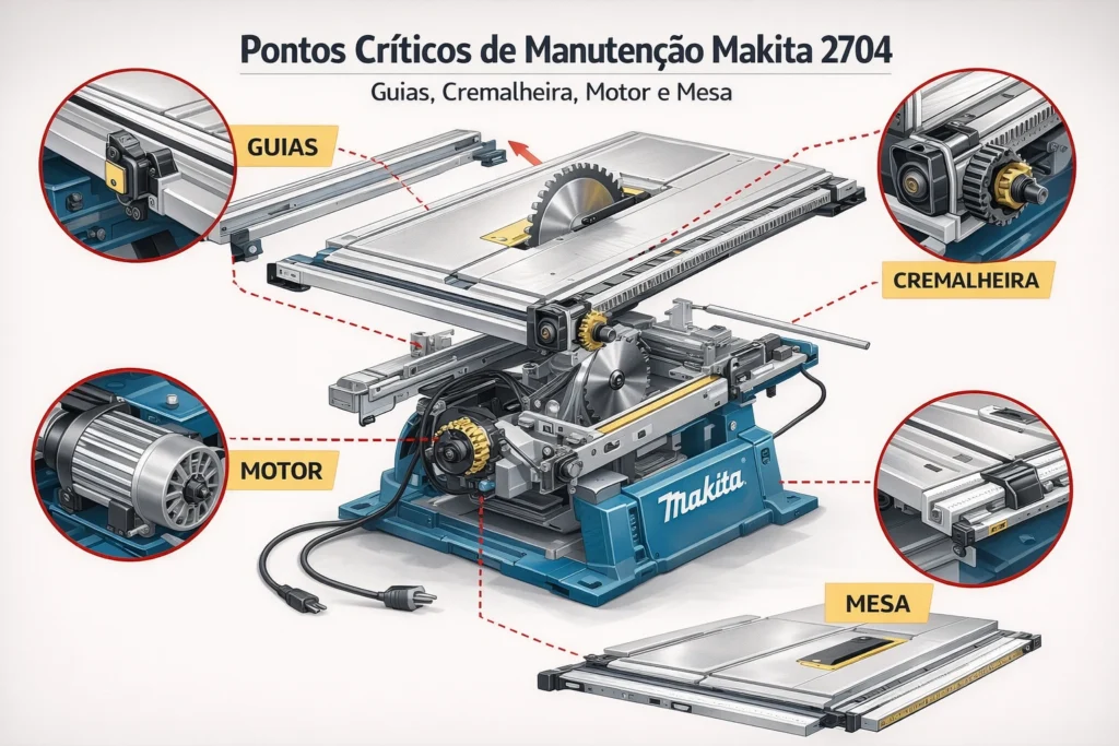 Vista explodida da Makita 2704 indicando pontos de manutenção nas guias, cremalheira, motor e mesa para garantir a precisão para esquadria.