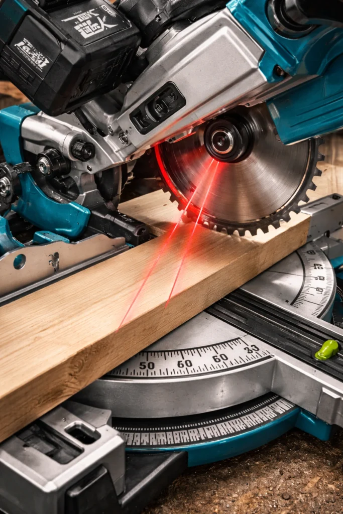 Detalhe do laser duplo de precisão da serra esquadria 18v makita em corte de madeira.
