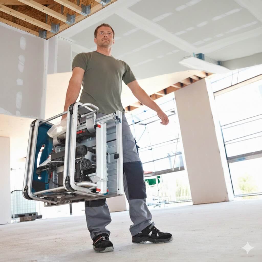 Serra de bancada Bosch GTS 10 J fechada sendo carregada pela alça lateral.