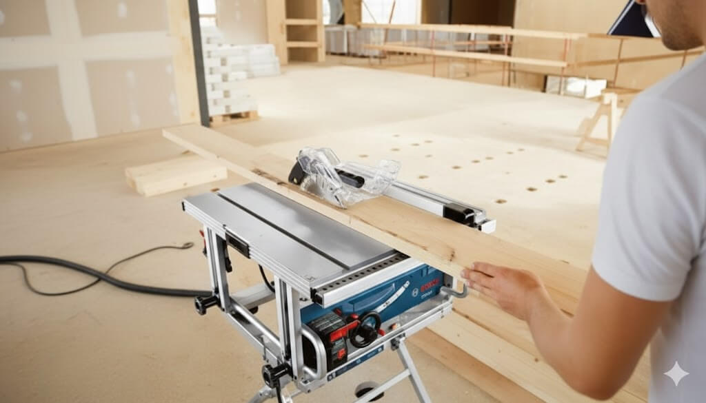 Marceneiro utilizando a serra Bosch GTS 10 J em um ambiente de trabalho real.