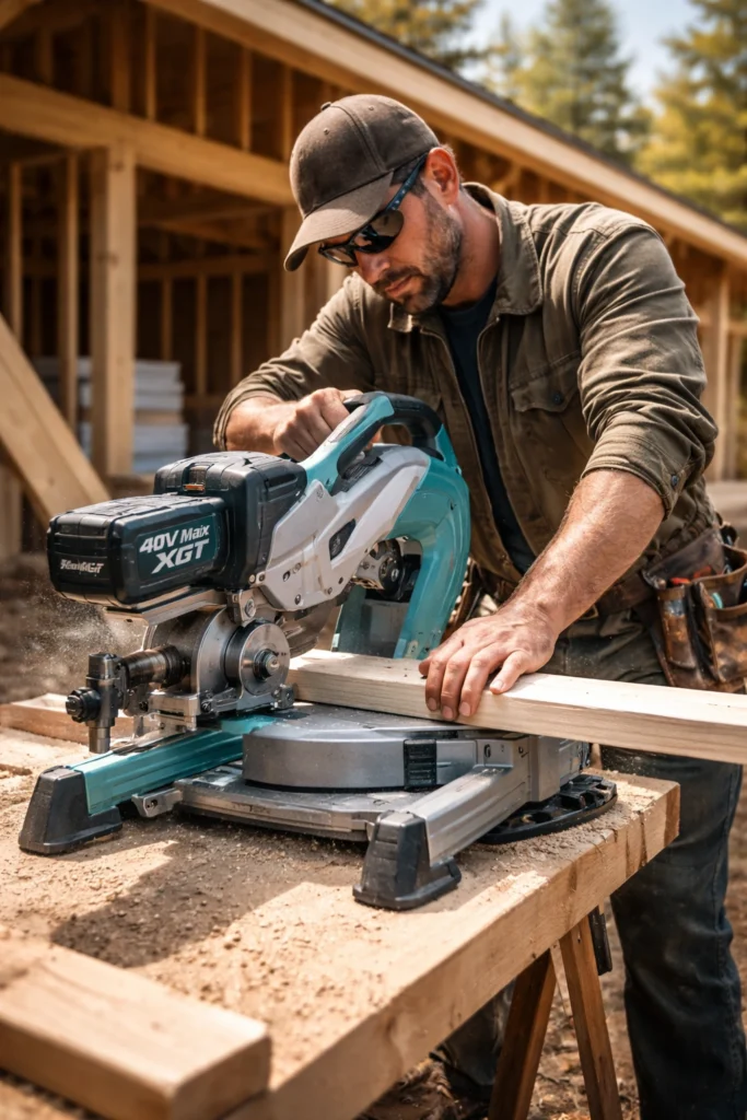 Marceneiro utilizando serra esquadria 18v profissional em obra externa sem fios.