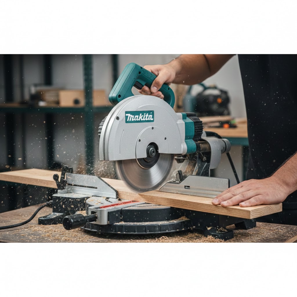 Foto em ação da serra Makita MLS100 cortando madeira sobre bancada de marcenaria com foco na segurança e precisão do corte.