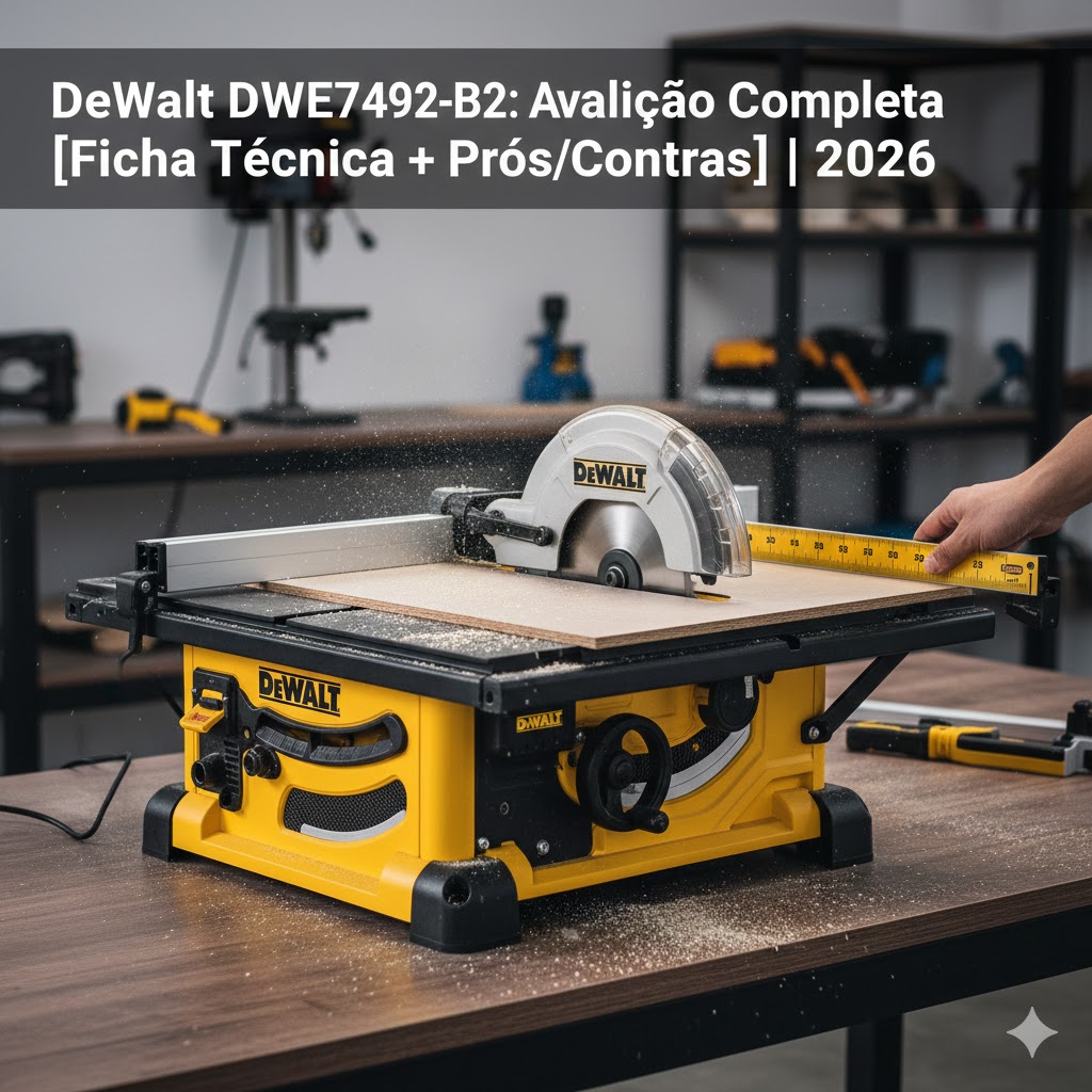 Capa do artigo sobre a serra de bancada DeWalt DWE7492-B2 em uma oficina de marcenaria, com o título: Avaliação Completa, Ficha Técnica e Prós/Contras 2026. A imagem mostra a máquina cortando uma placa de madeira com precisão.