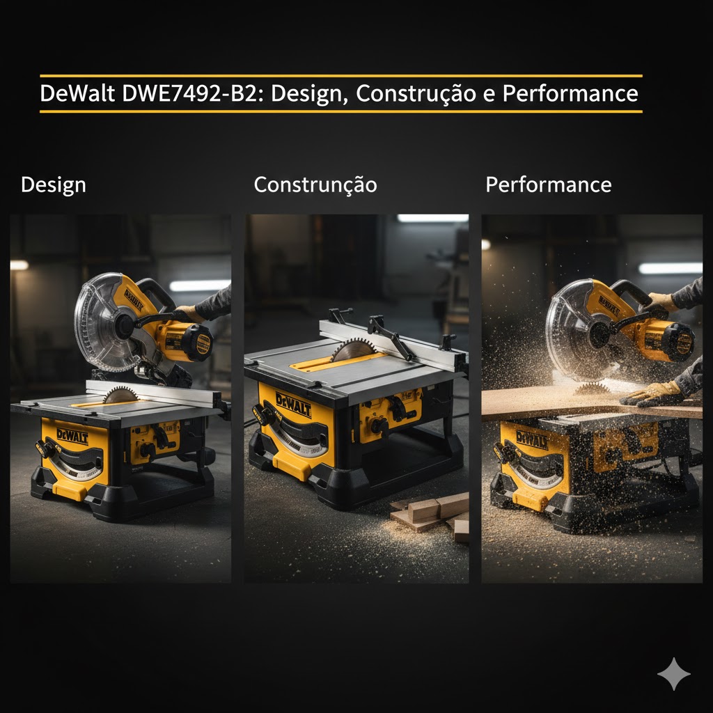 Infográfico da serra de bancada DeWalt DWE7492-B2 dividido em três seções: Design (mostrando a ergonomia), Construção (detalhe da estrutura robusta) e Performance (a máquina realizando um corte potente com serragem).