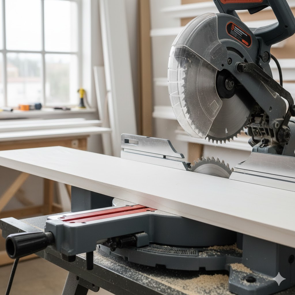 Serra esquadria profissional realizando um corte preciso em um rodapé alto de cor branca. O foco está no disco da serra e na linha de corte limpa, destacando a capacidade da máquina para peças de grande altura.