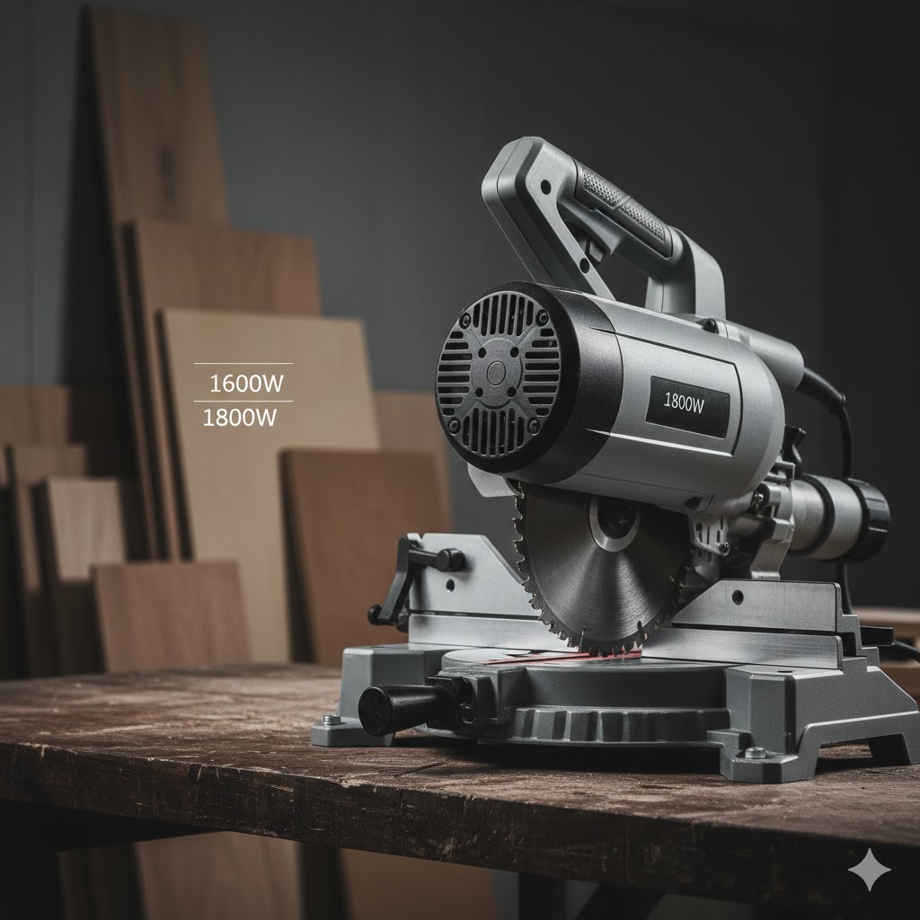 Fotografia editorial de uma serra esquadria profissional sobre bancada de madeira. O foco está no motor robusto com indicações técnicas de potência em watts (1600W, 1800W, 2000W). Ao fundo, chapas de MDF e madeira em uma oficina com iluminação dramática.