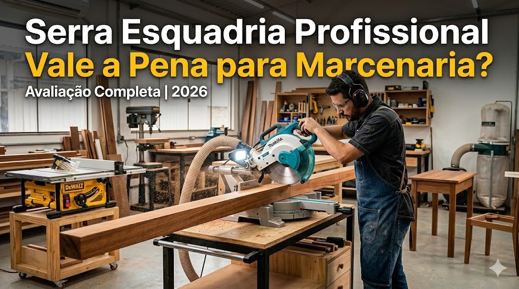 Capa do artigo com o título: 'Serra Esquadria Profissional Vale a Pena para Marcenaria?' A imagem mostra a serra de esquadria profissional Makita LS1219L cortando uma prancha de madeira maciça em uma oficina de marcenaria ativa e organizada.