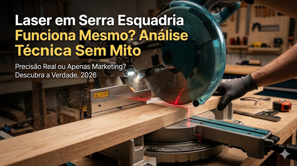 Capa do artigo com o título: 'Laser em Serra Esquadria Funciona Mesmo? Análise Técnica Sem Mito'. A imagem mostra o momento do corte da serra de esquadria profissional Makita LS1019L, com uma linha laser vermelha visível na madeira, atuando como guia de precisão