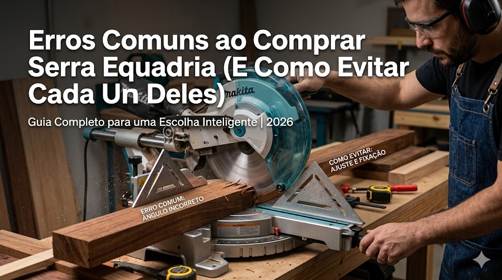 Capa do artigo com o título: 'Erros Comuns ao Comprar Serra Esquadria (E Como Evitar Cada Um Deles)'. A imagem mostra uma comparação visual direta: à esquerda, o momento do erro ao cortar madeira com ângulo incorreto e splintering com a Makita LS1019L; à direita, a mesma serra sendo operada corretamente com esquadro de precisão e fixação adequada.
