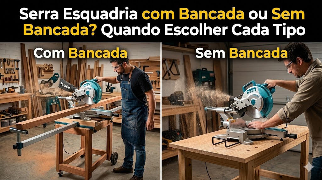 Capa do artigo com o título: 'Serra Esquadria com Bancada ou Sem Bancada? Quando Escolher Cada Tipo'. A imagem mostra uma comparação visual direta: à esquerda, uma serra Makita LS1019L profissional montada em uma bancada organizada de oficina; à direita, uma serra Makita similar operando sem a bancada, diretamente sobre um cavalete em um ambiente mais simples